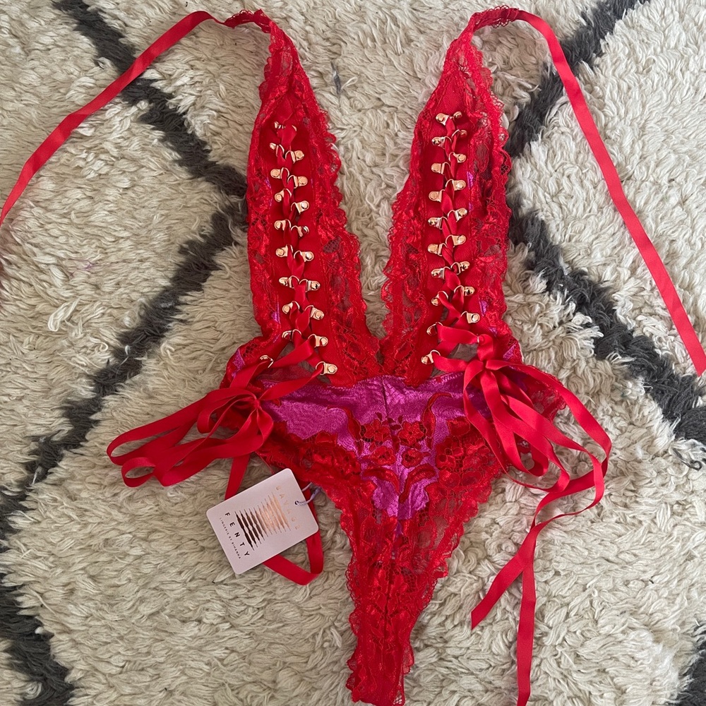 Red Lace Teddy with Heart Details